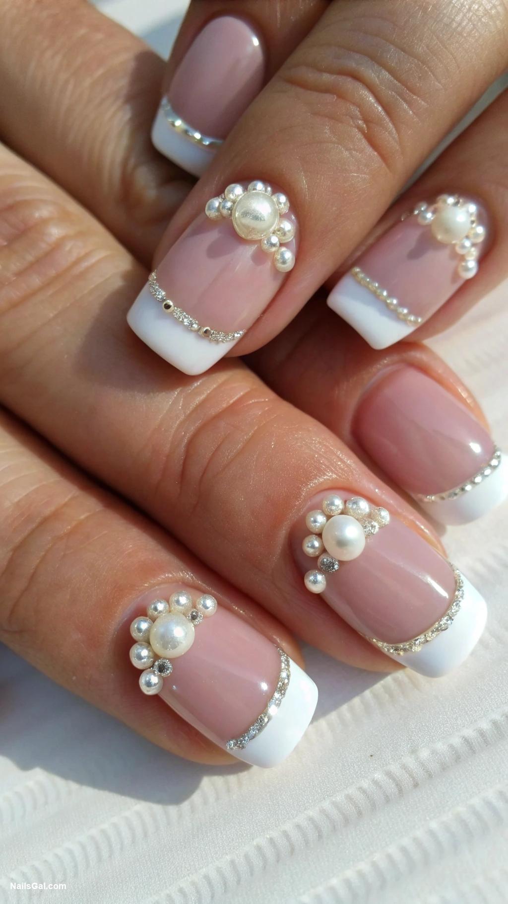 pearlcore nails French tips with mini pearl embellishments