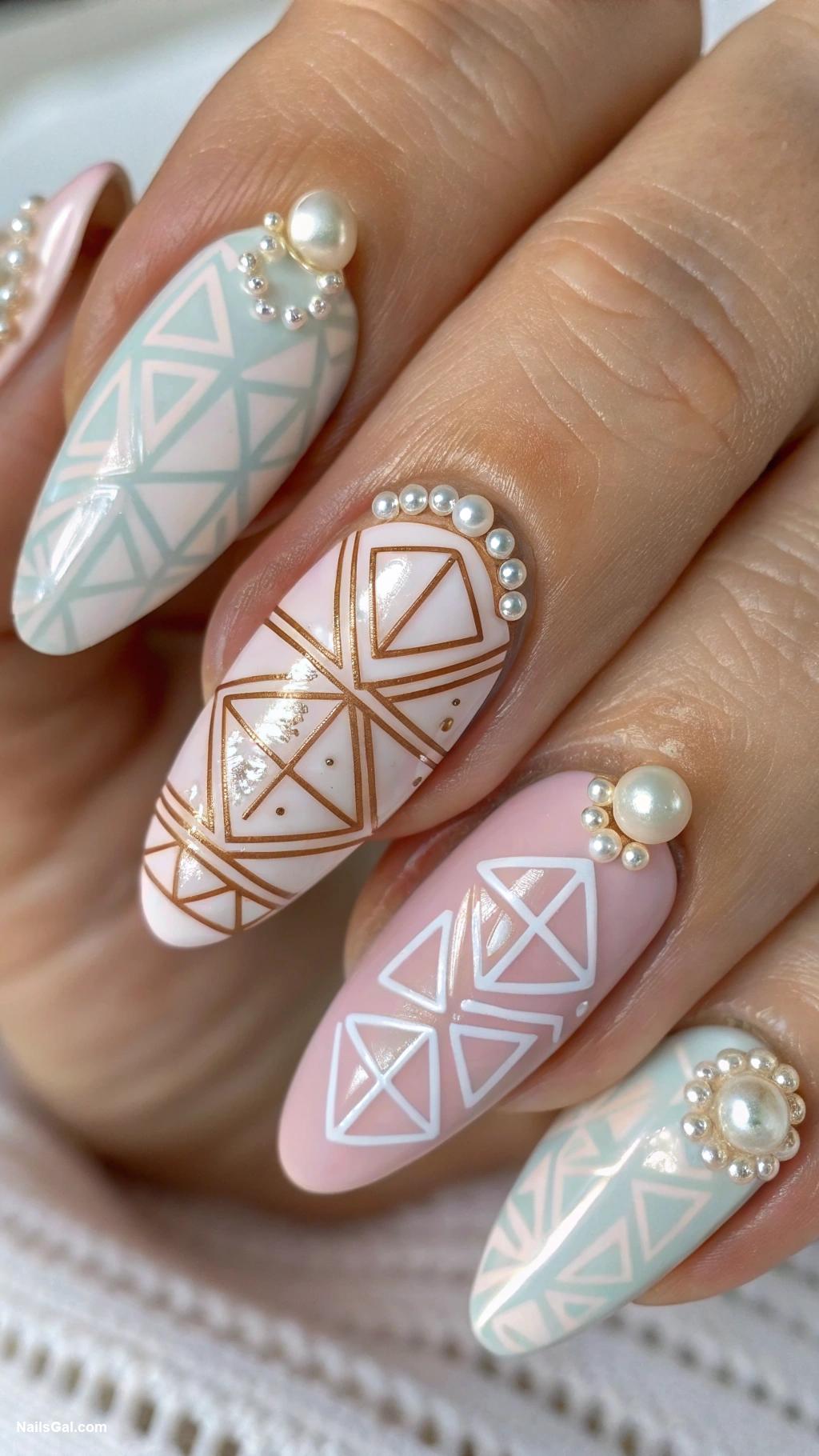pearlcore nails Geometric patterns with pearl studs
