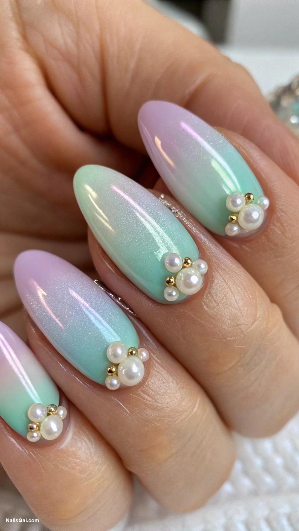 pearlcore nails Iridescent base with pearl tips