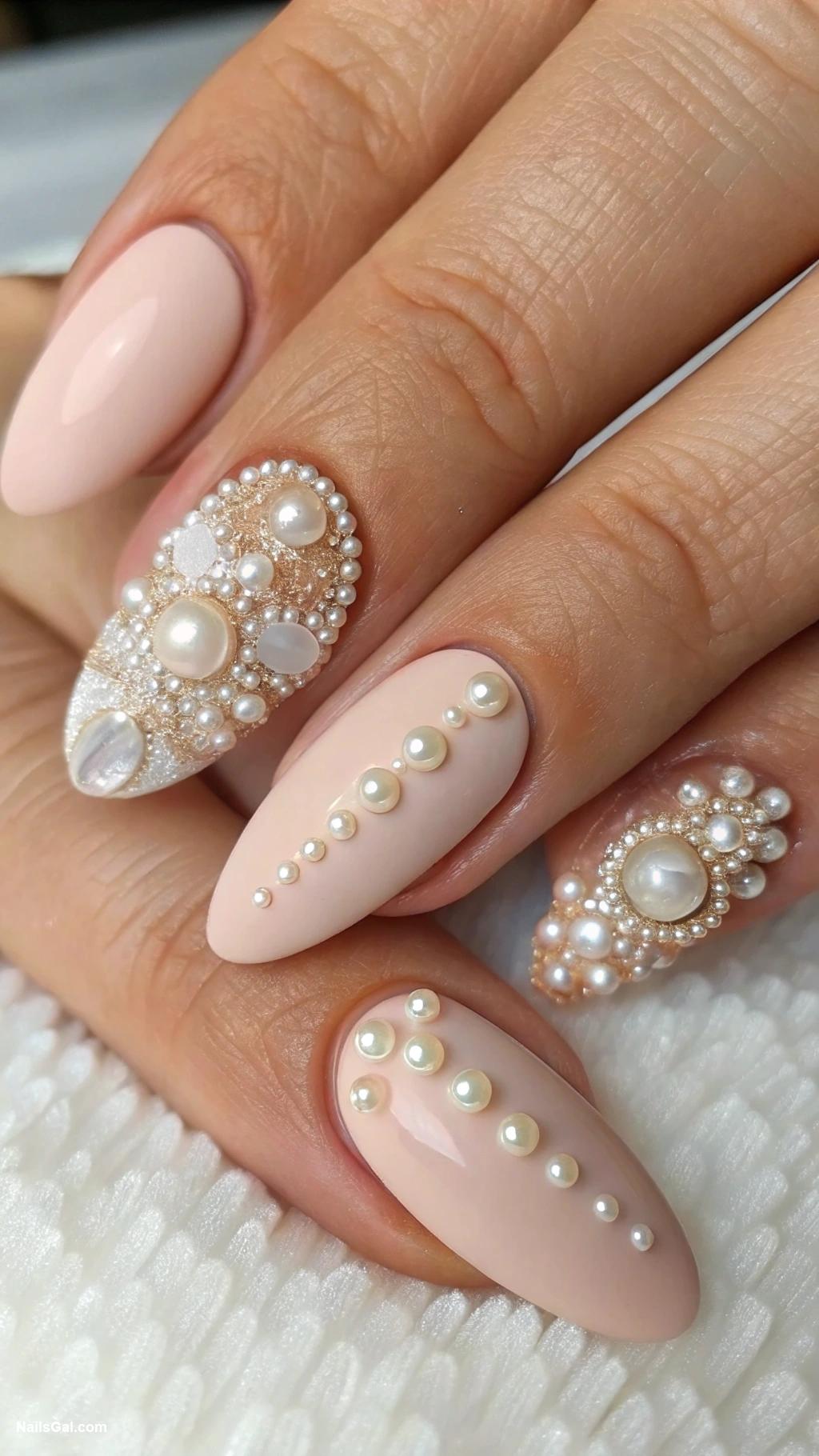 pearlcore nails Matte nude with glossy pearl details