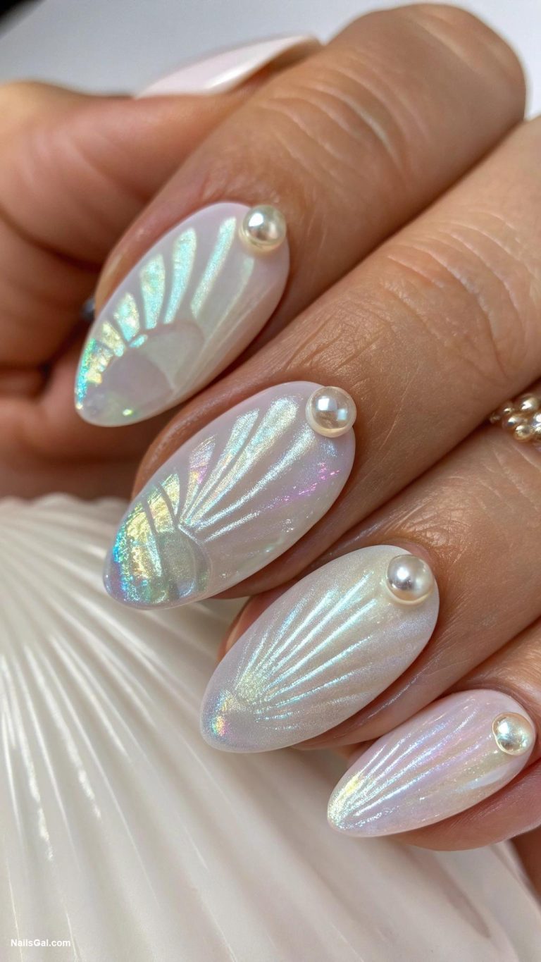 pearlcore nails Oyster shell effect with pearl accents