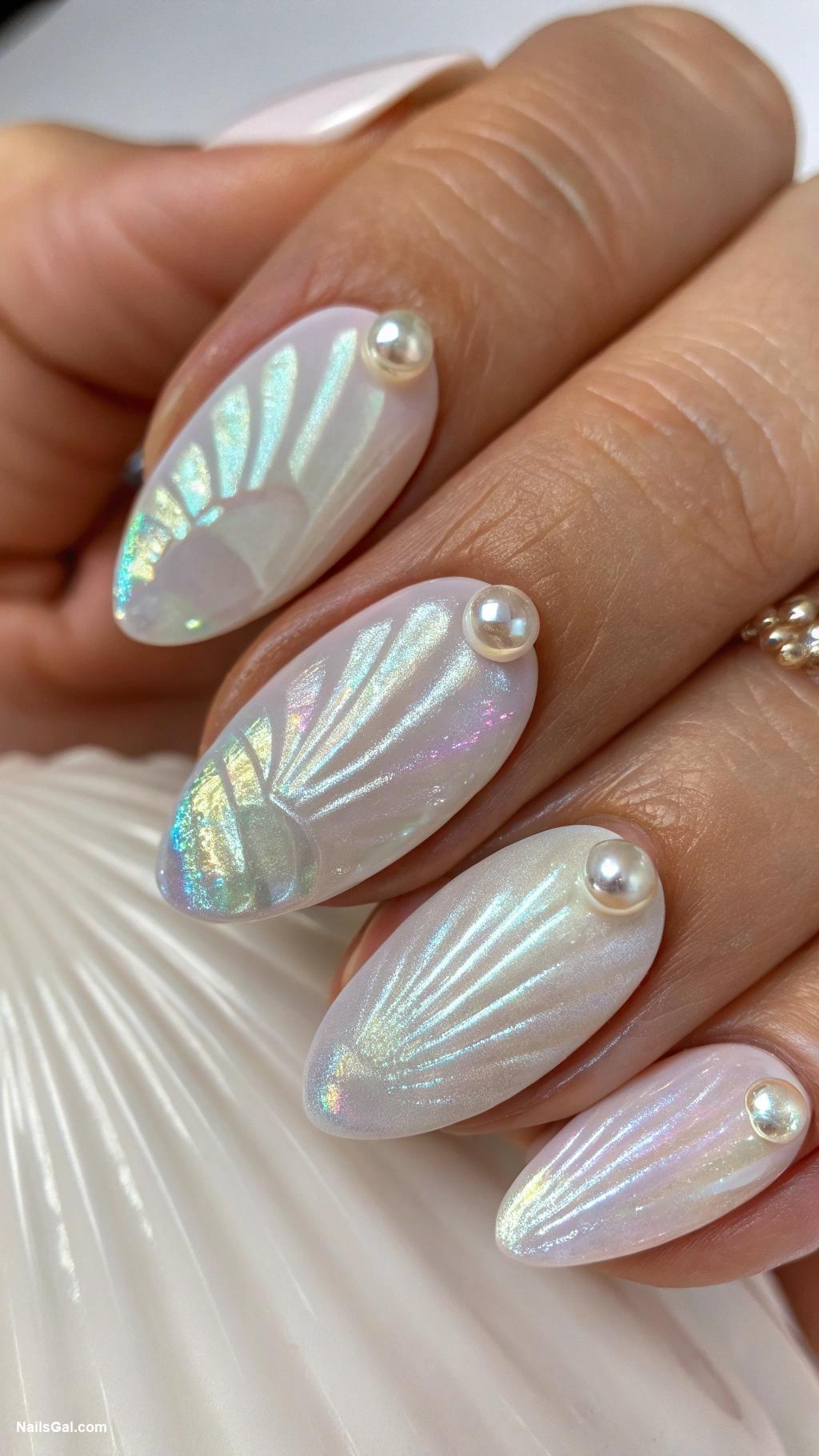 pearlcore nails Oyster shell effect with pearl accents