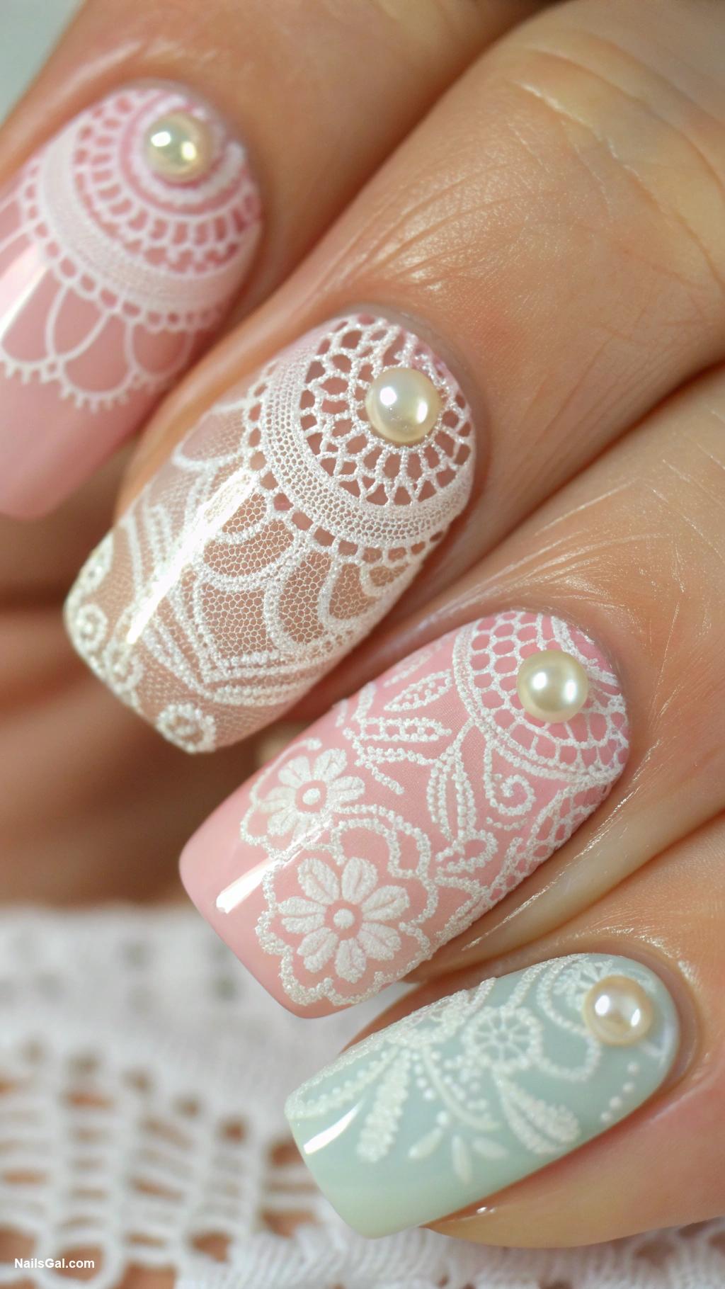 pearlcore nails Vintage lace design with pearl accents
