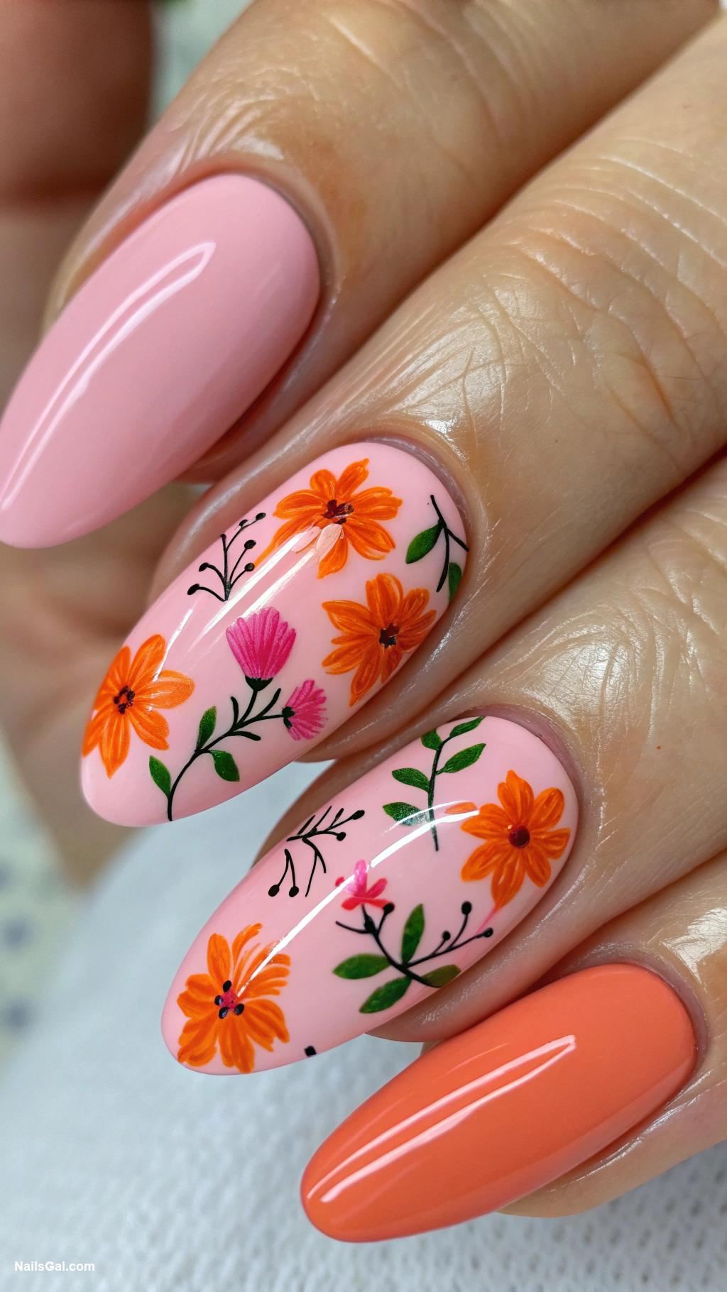 pink and orange nails Floral design in pink and orange hues
