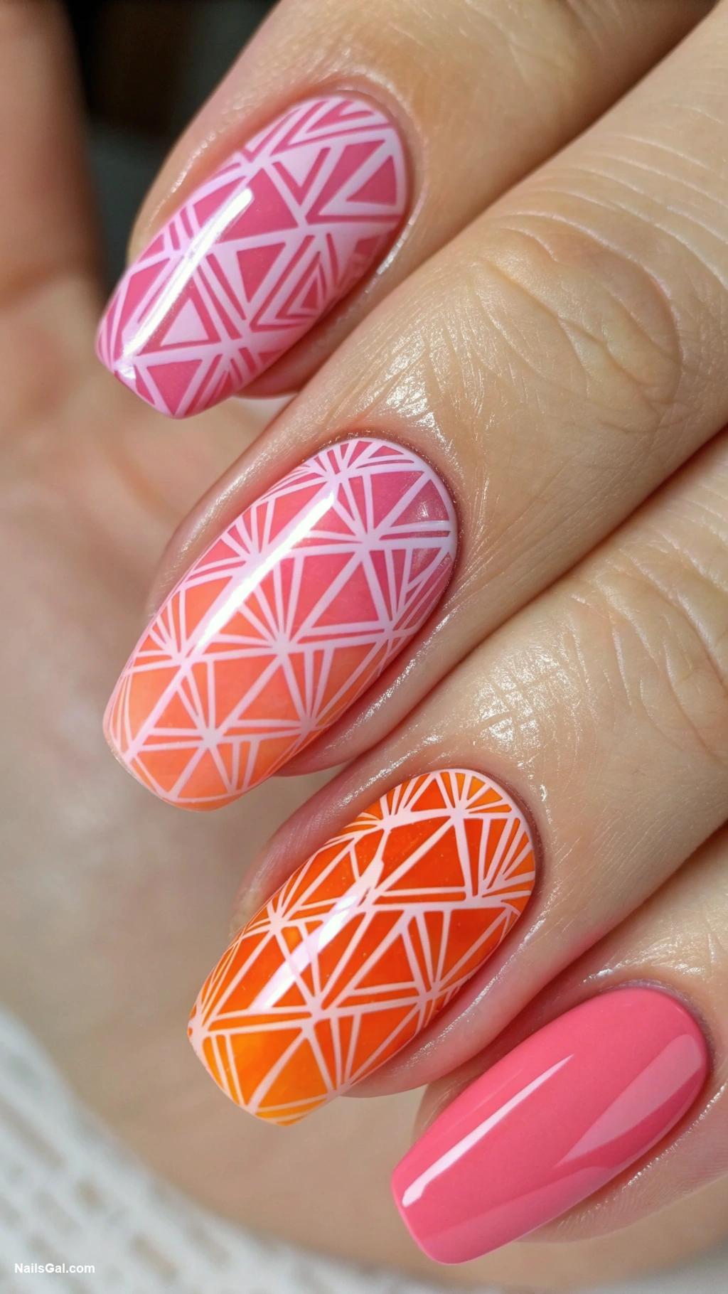 pink and orange nails Geometric patterns using pink and orange
