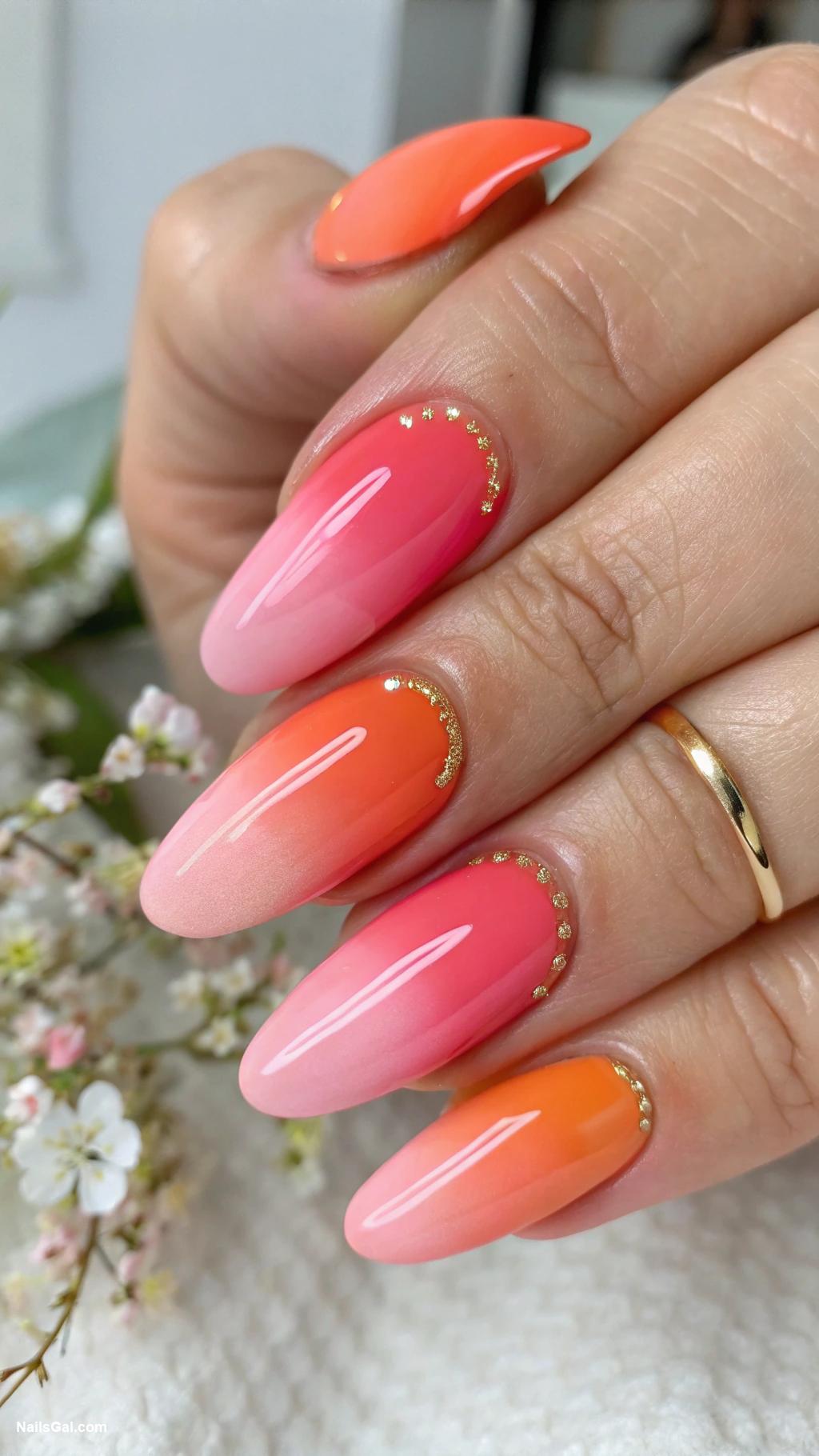 pink and orange nails Gradient blend of pink and orange