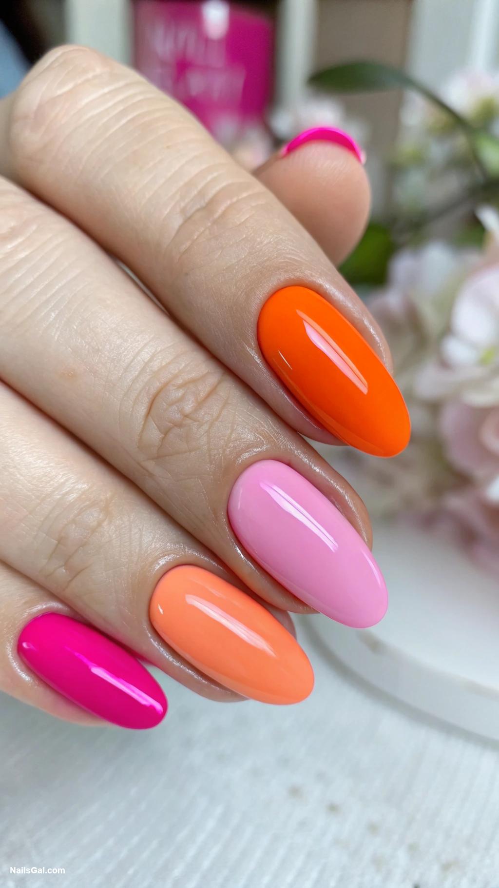 pink and orange nails Half and half pink orange nails