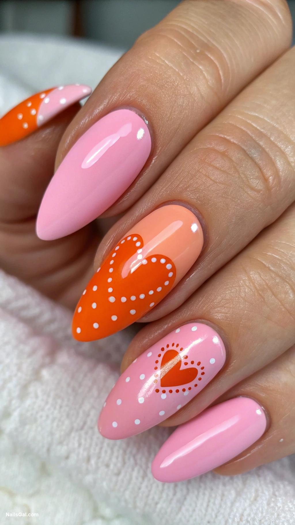 pink and orange nails Heart accents in pink and orange