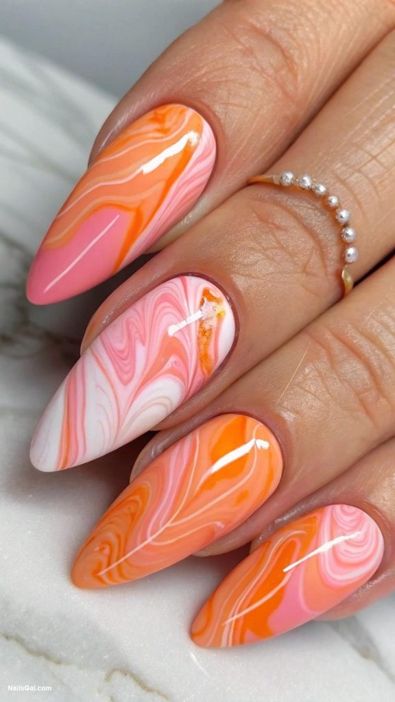 pink and orange nails Marble effect using pink and orange