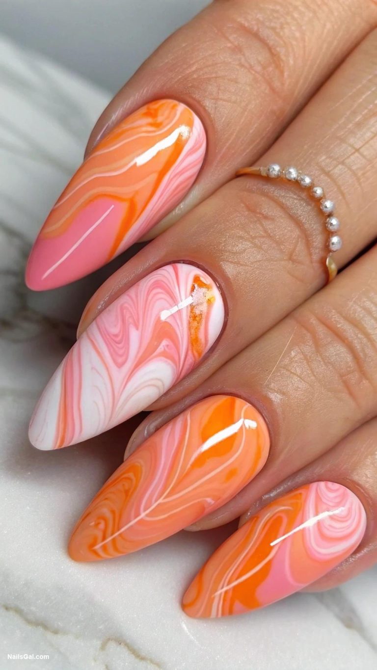 pink and orange nails Marble effect using pink and orange