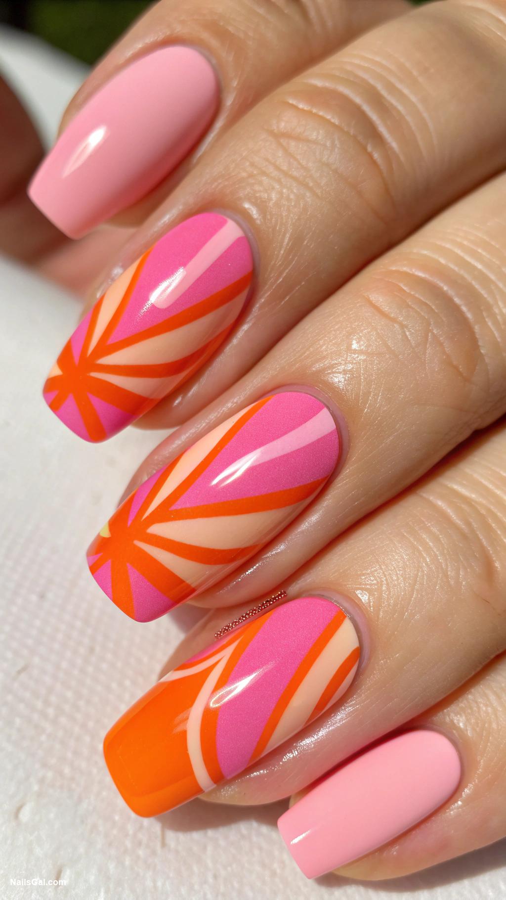 pink and orange nails Negative space with pink and orange