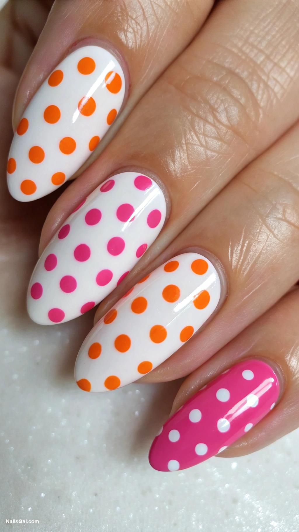 pink and orange nails Polka dots alternating pink and orange