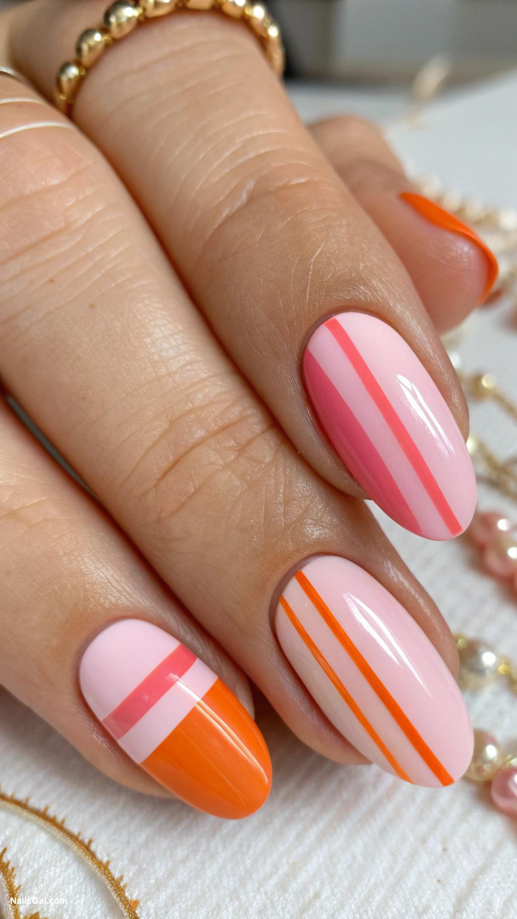 pink and orange nails Stripes of pink and orange colors