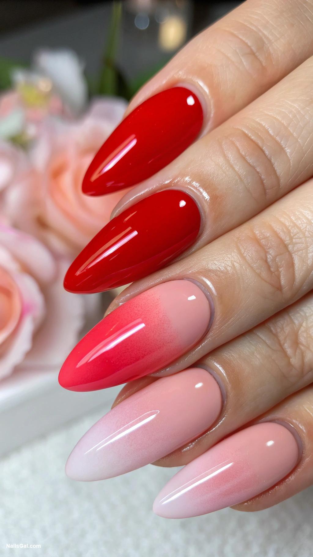 red ombre nails Bright red to soft pink gradient