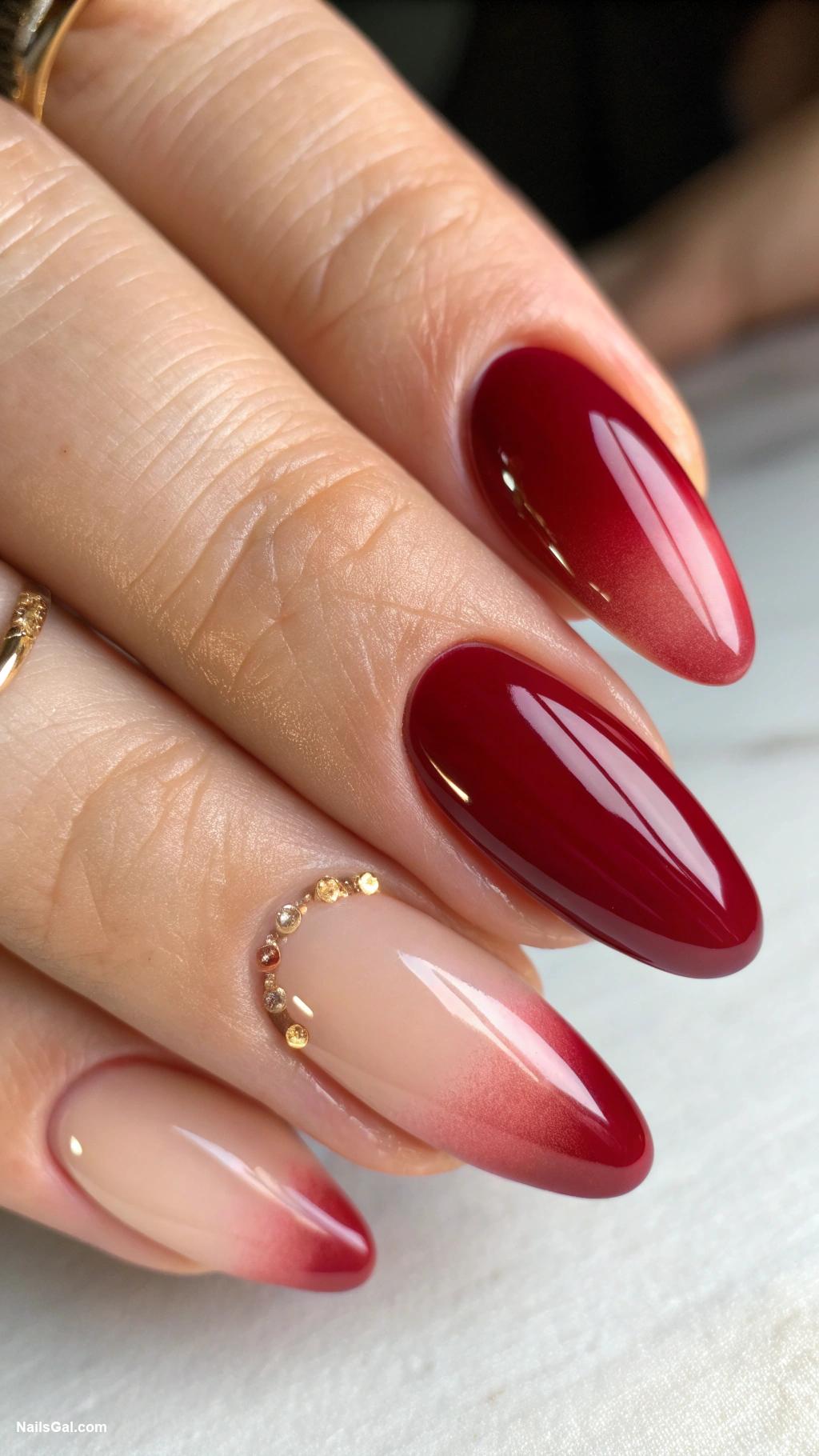 red ombre nails Deep red with nude ombre blend