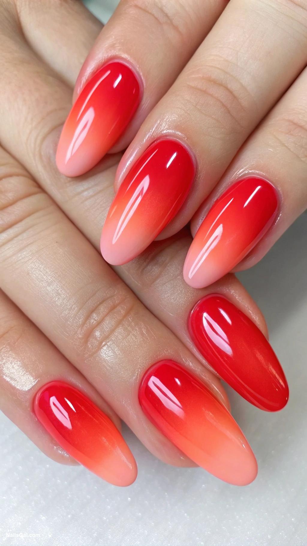 red ombre nails Flaming red to subtle coral transition