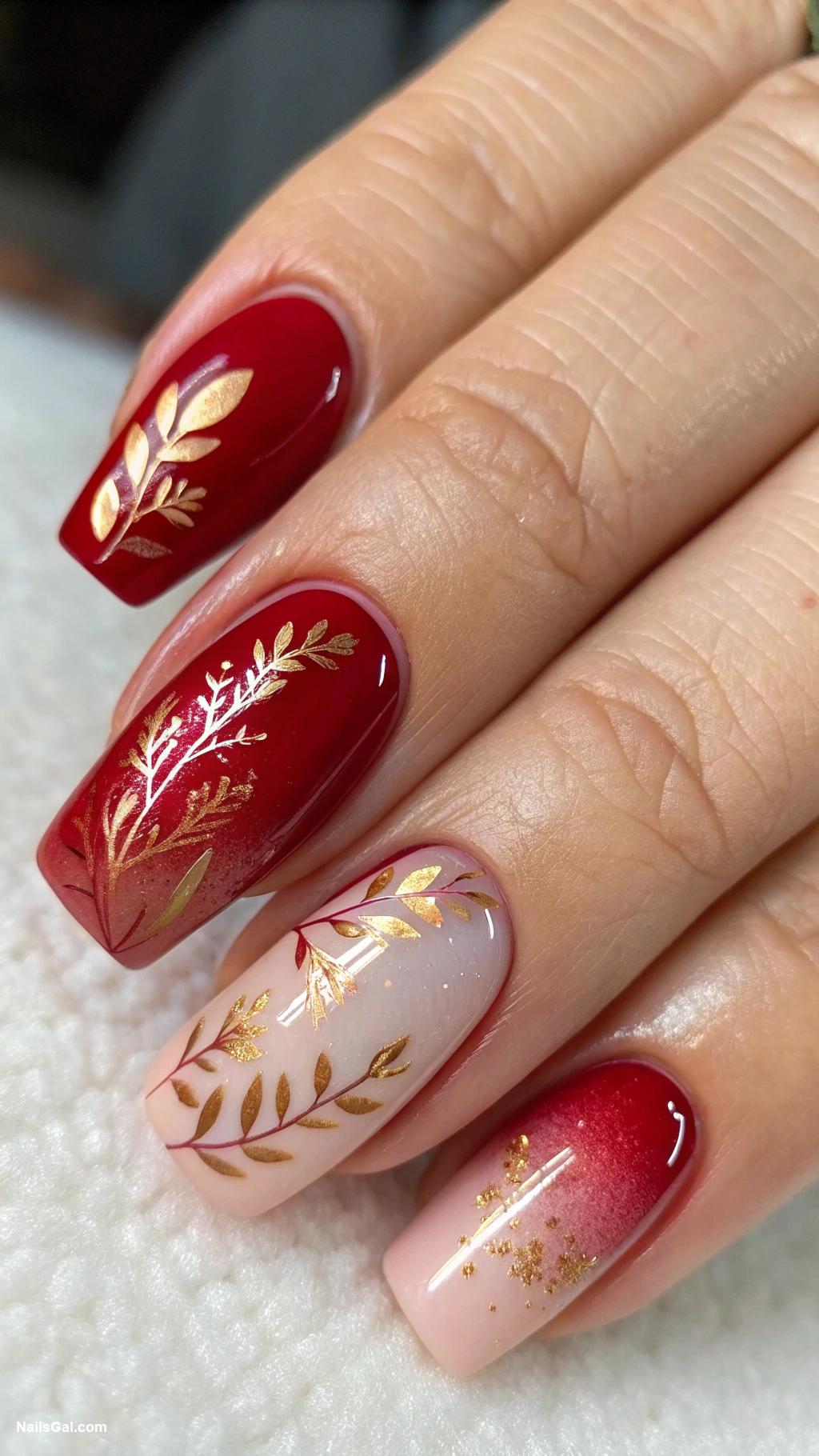 red ombre nails Gradient with gold accent nails