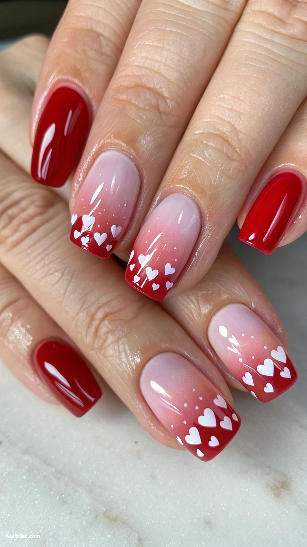 red ombre nails Heart patterns over red ombre