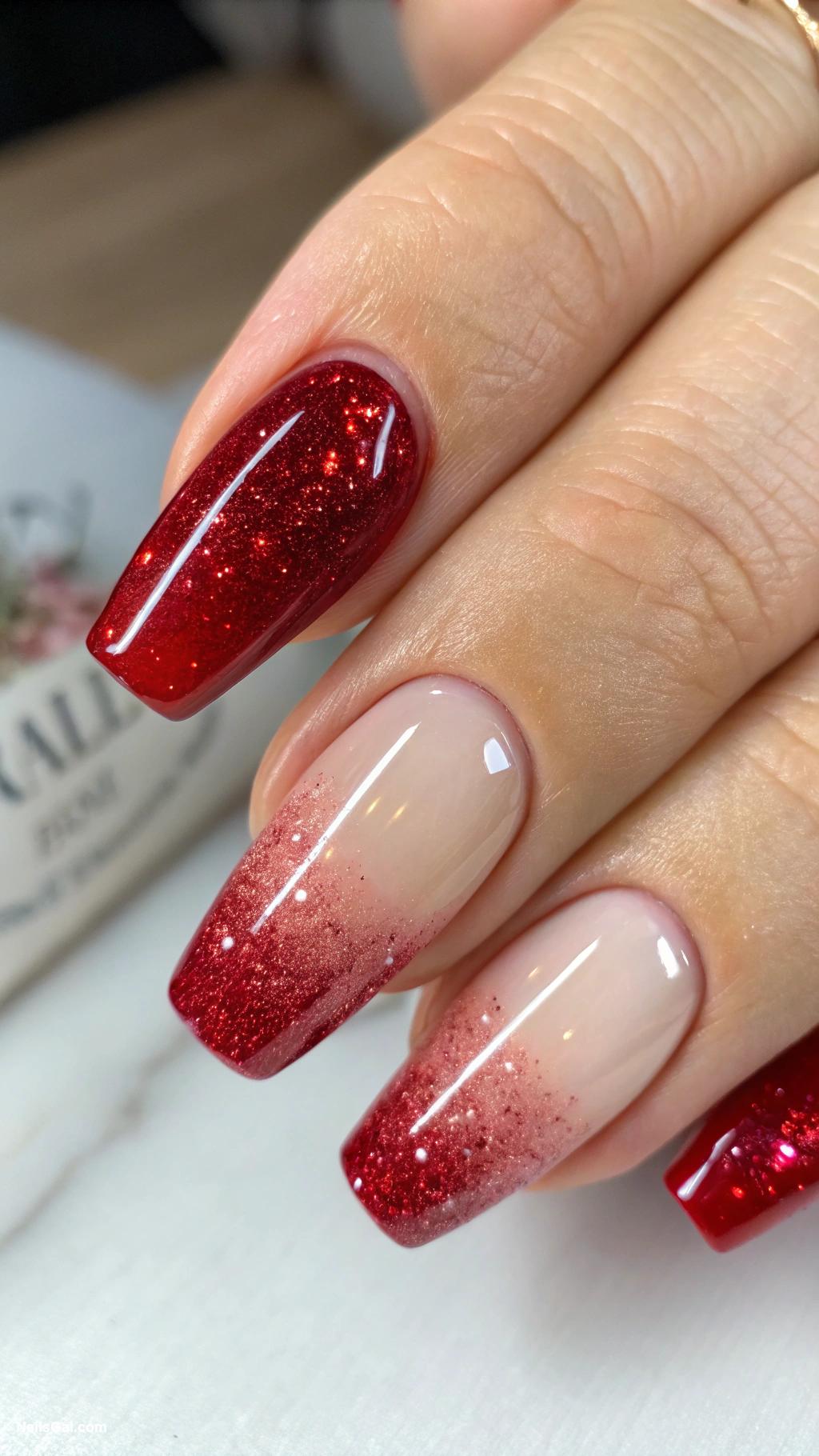 red ombre nails Red sparkles on ombre base
