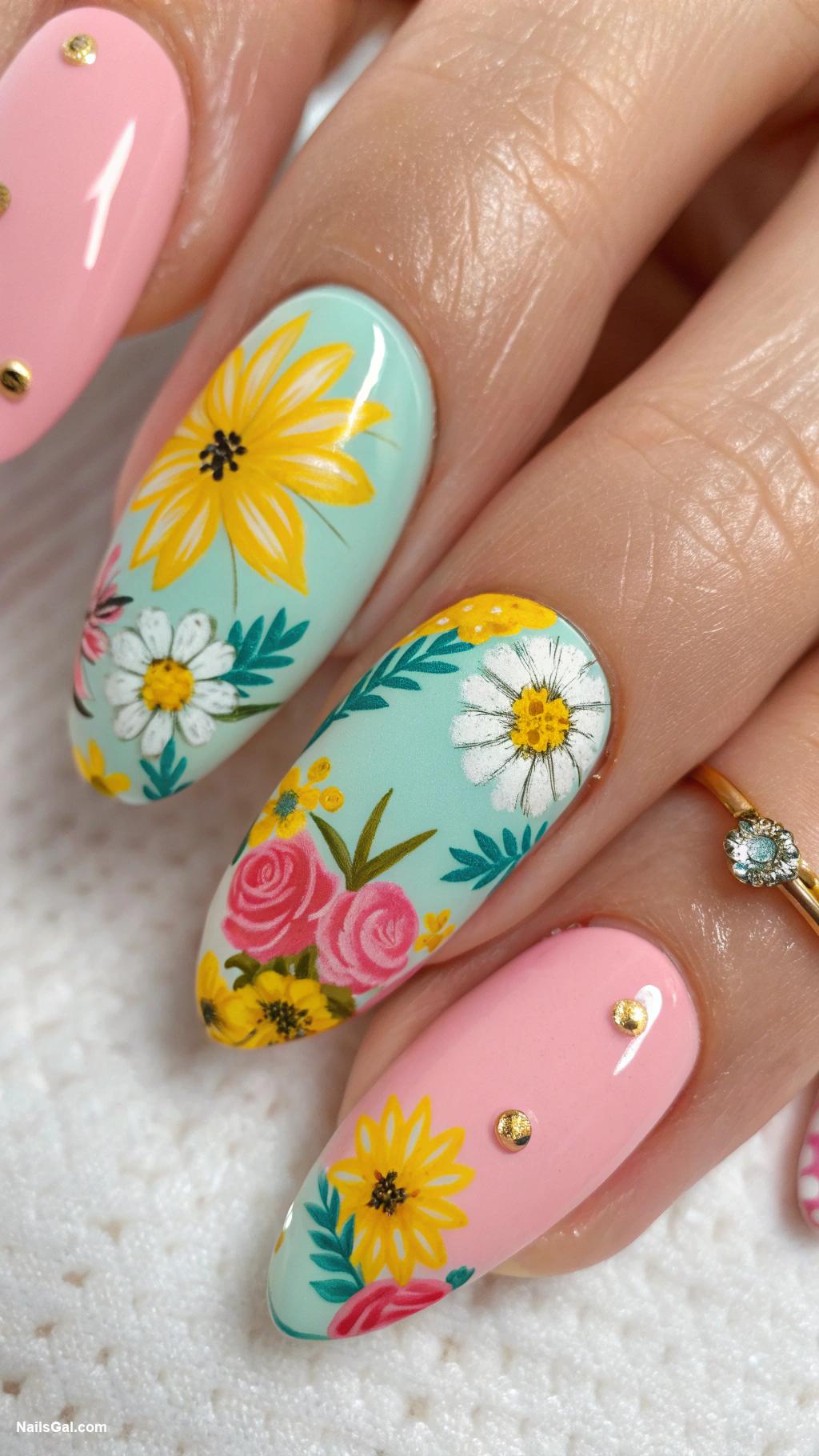 summer wedding nails Bright floral patterns on each nail