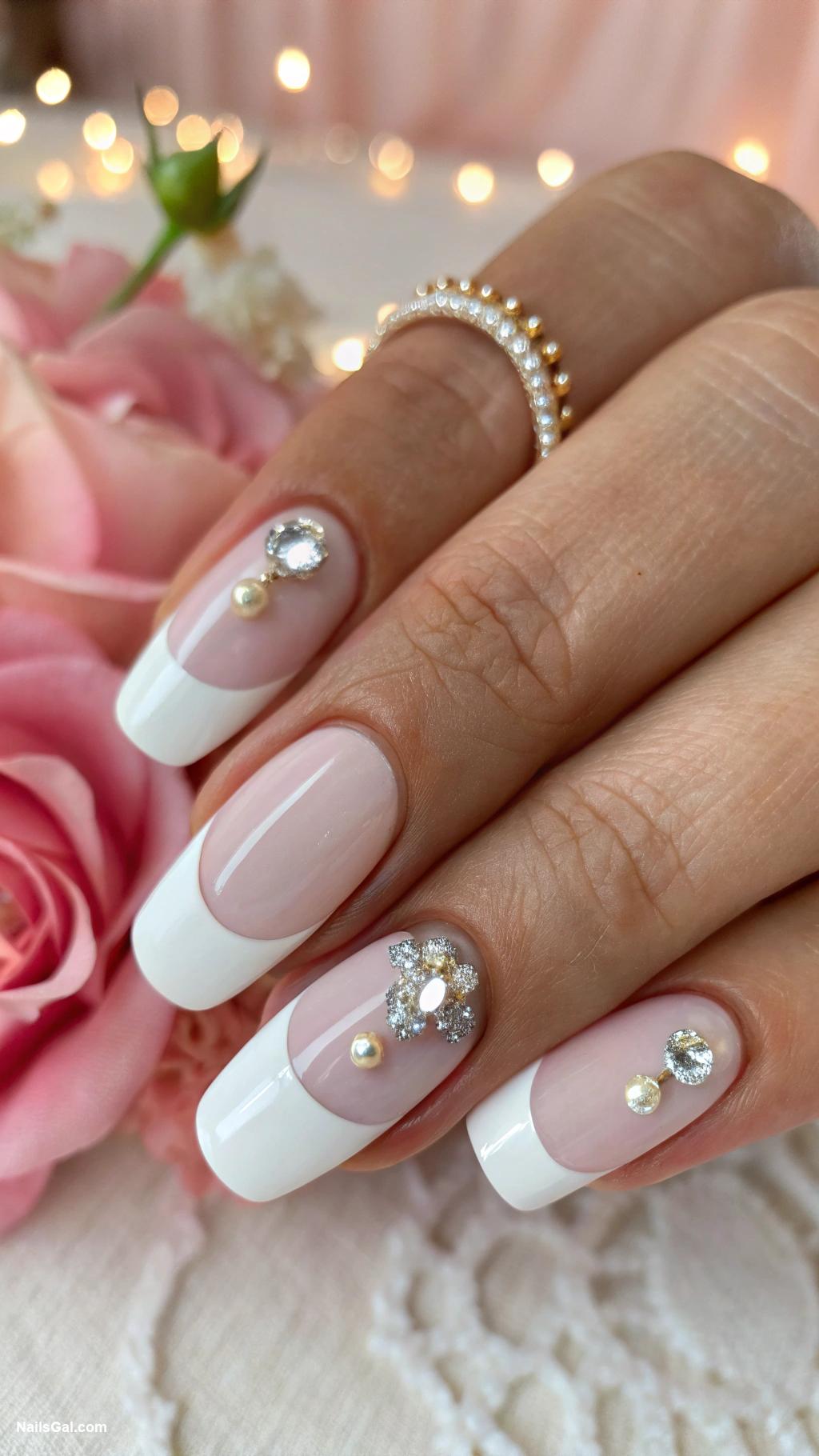 summer wedding nails Classic French tips with jeweled enhancements