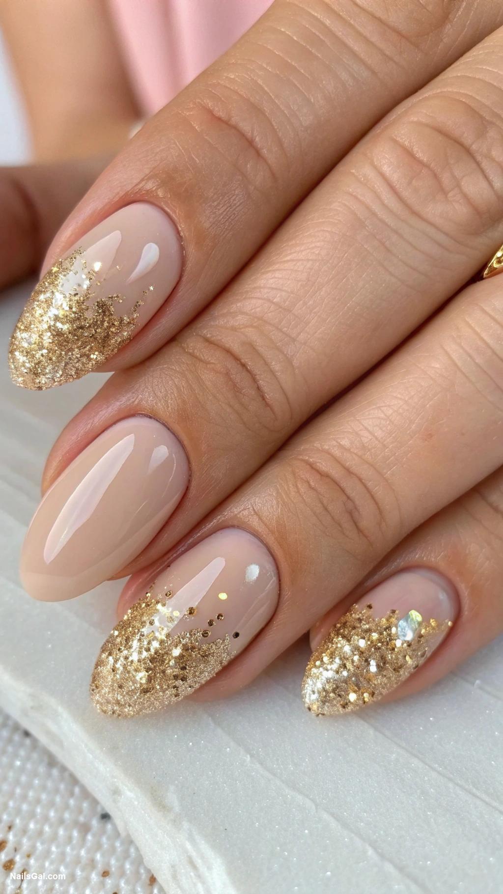 summer wedding nails Nude base with gold glitter tips