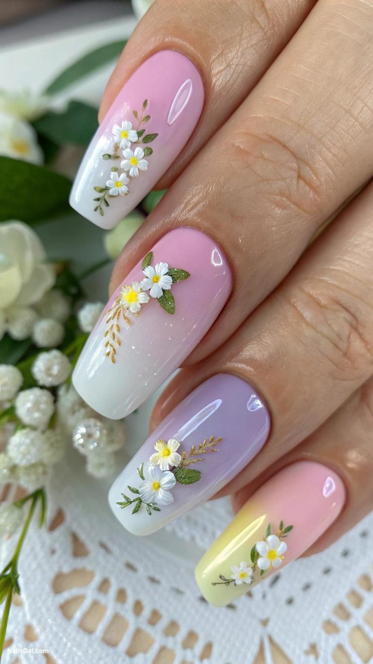 summer wedding nails Pastel ombre with floral accents