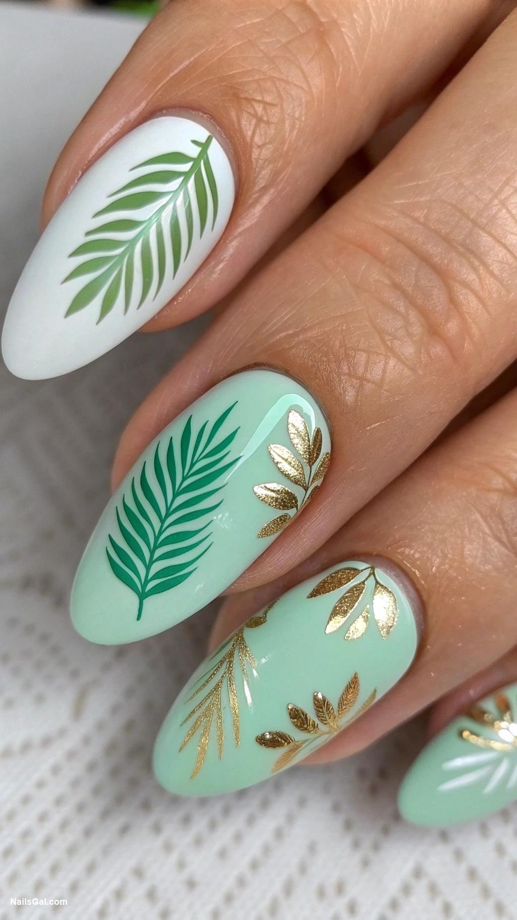 summer wedding nails Tropical leaf designs on mint base