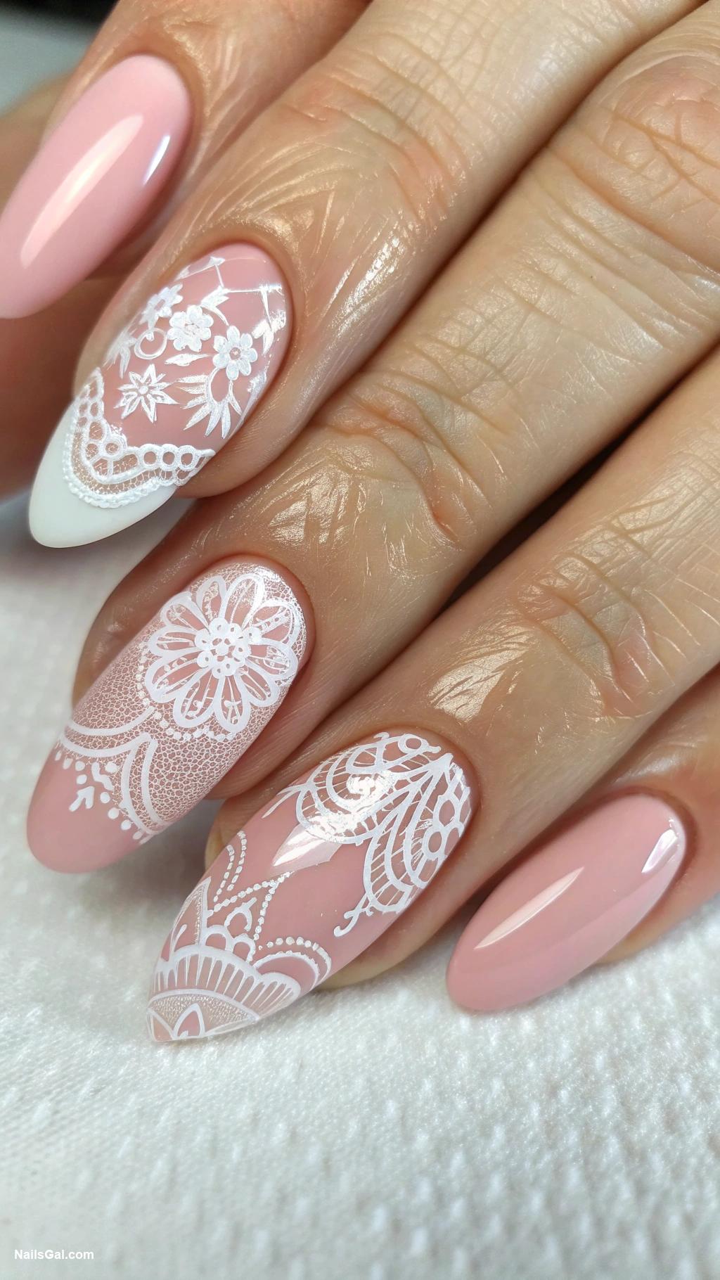 summer wedding nails White lace design on soft pink