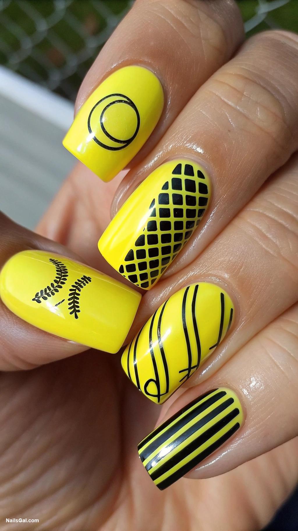 tennis nails Bright yellow nails with black accents