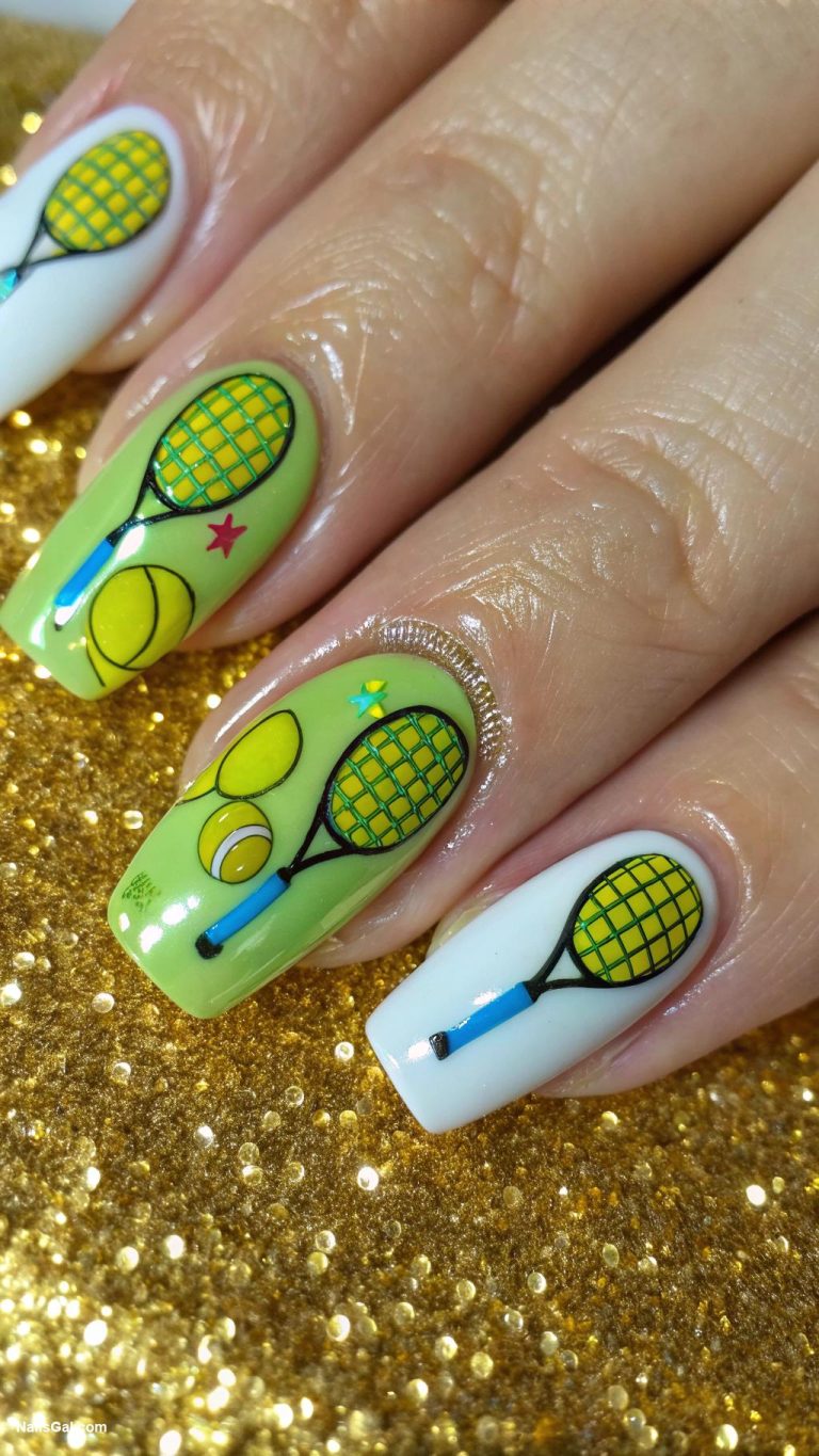 tennis nails Sparkling gold background with tennis symbols