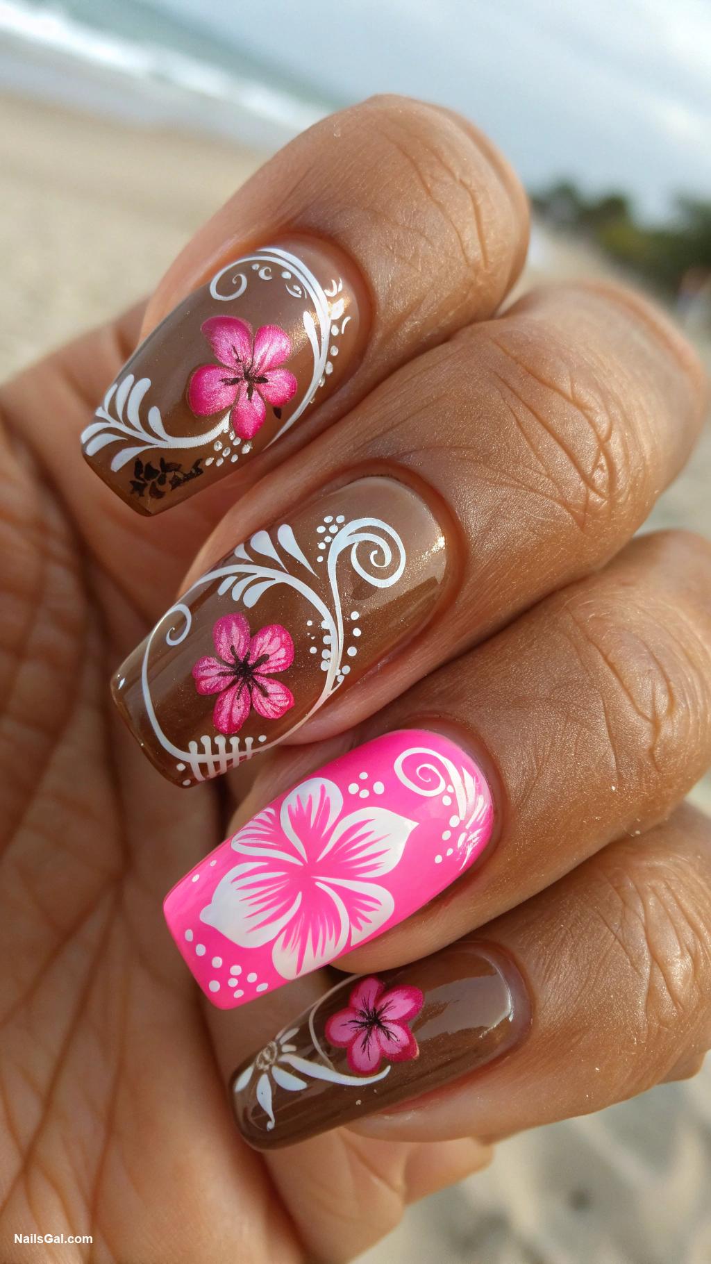 tropical nails Coconut brown with bright pink details