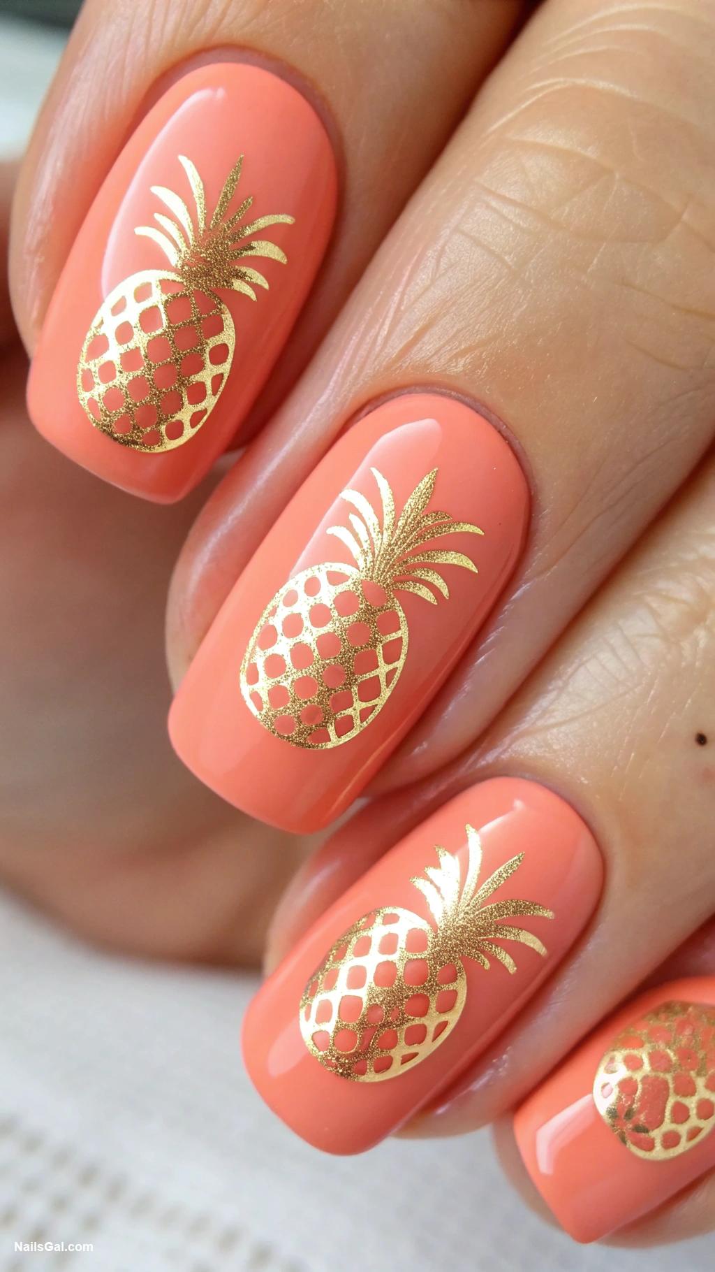 tropical nails Coral base with golden pineapple designs
