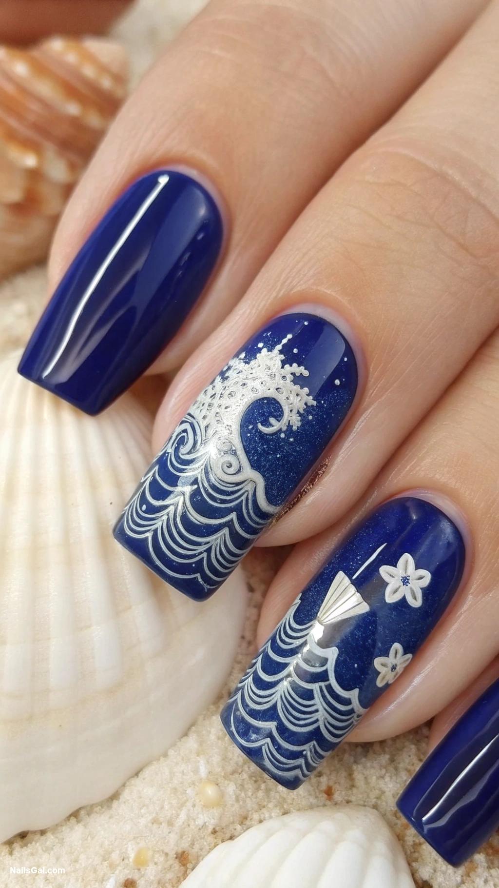 tropical nails Deep blue with white wave patterns