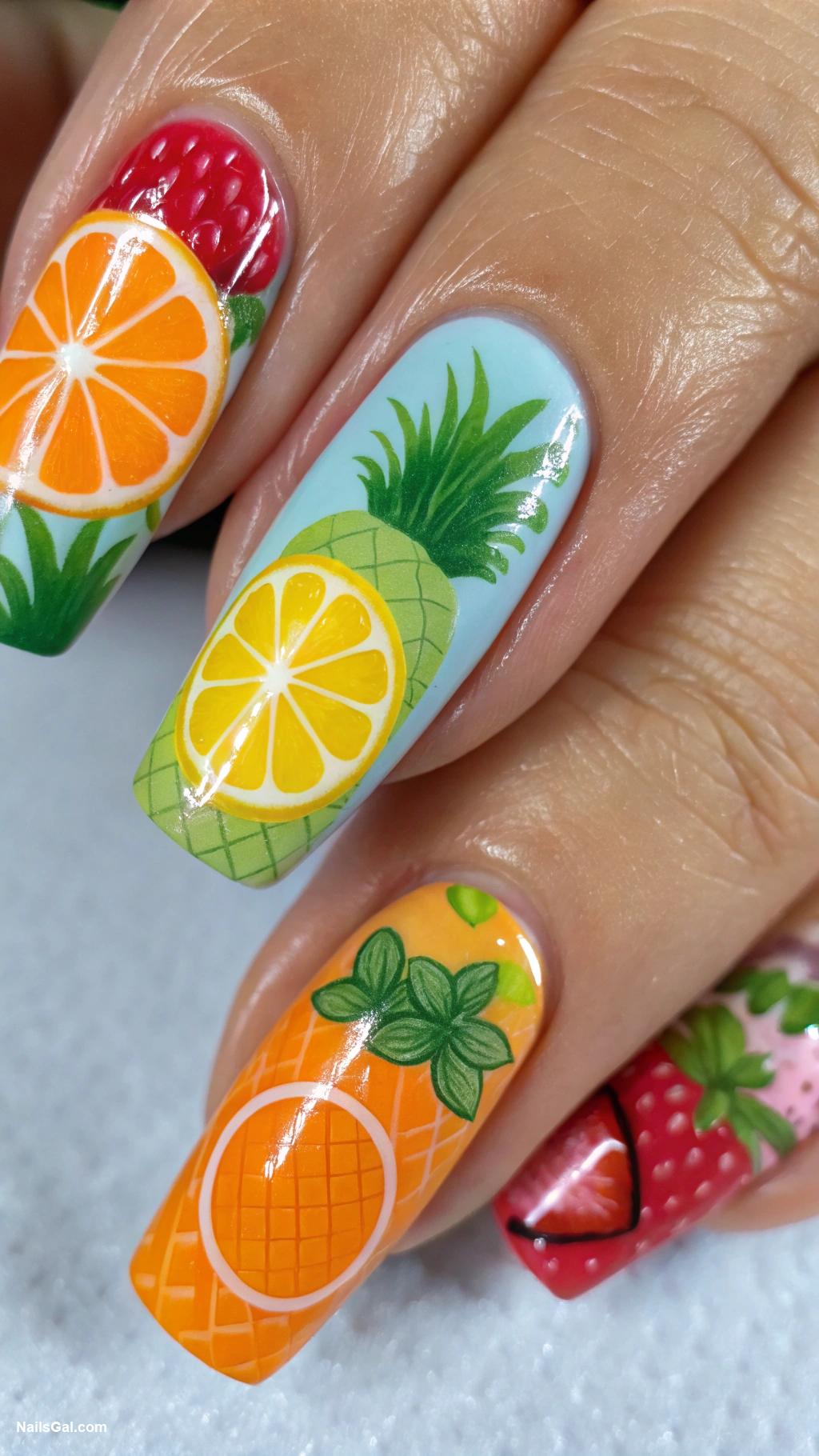 tropical nails Fruit slices painted on bold backgrounds