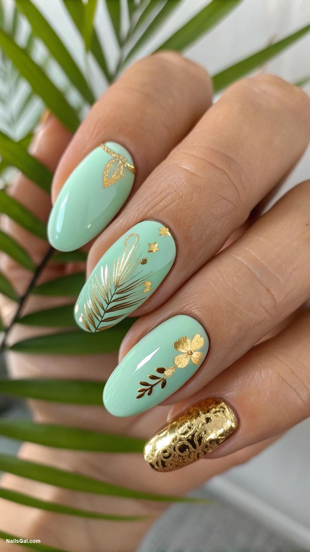tropical nails Mint green with gold foil