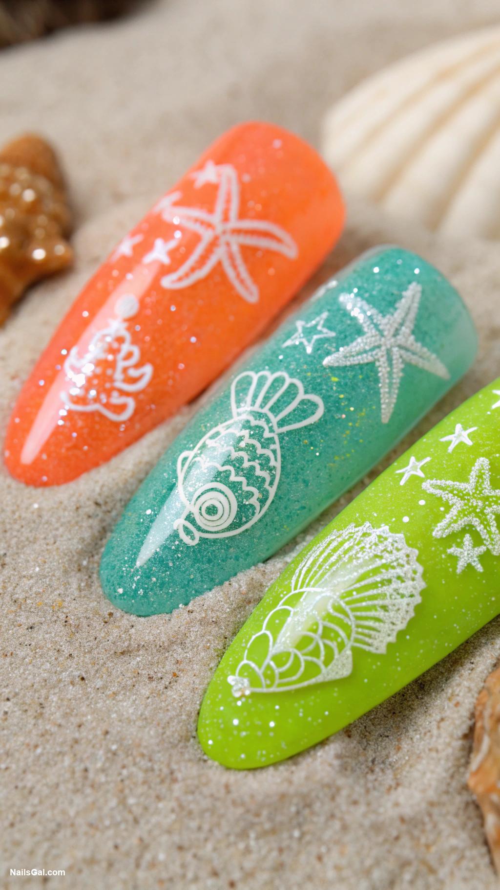 tropical nails Neon colors with glittery sea motifs