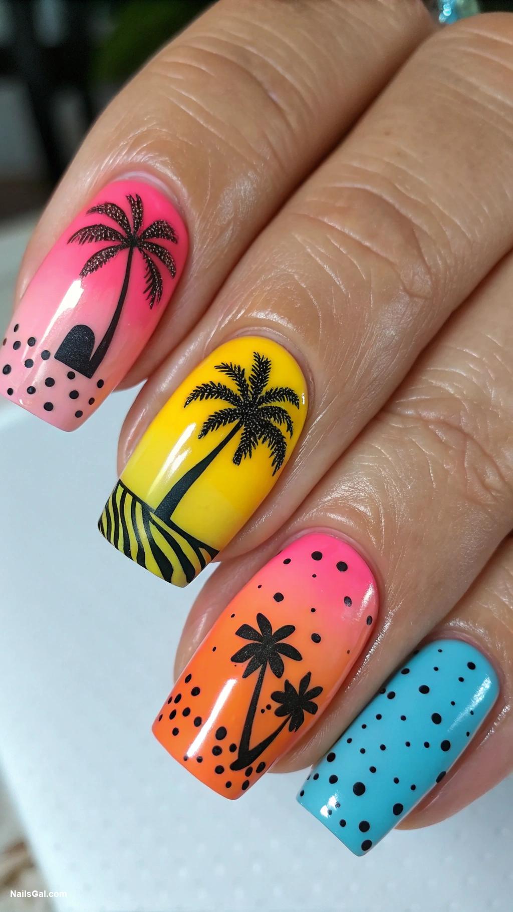tropical nails Palm tree accents with bright colors