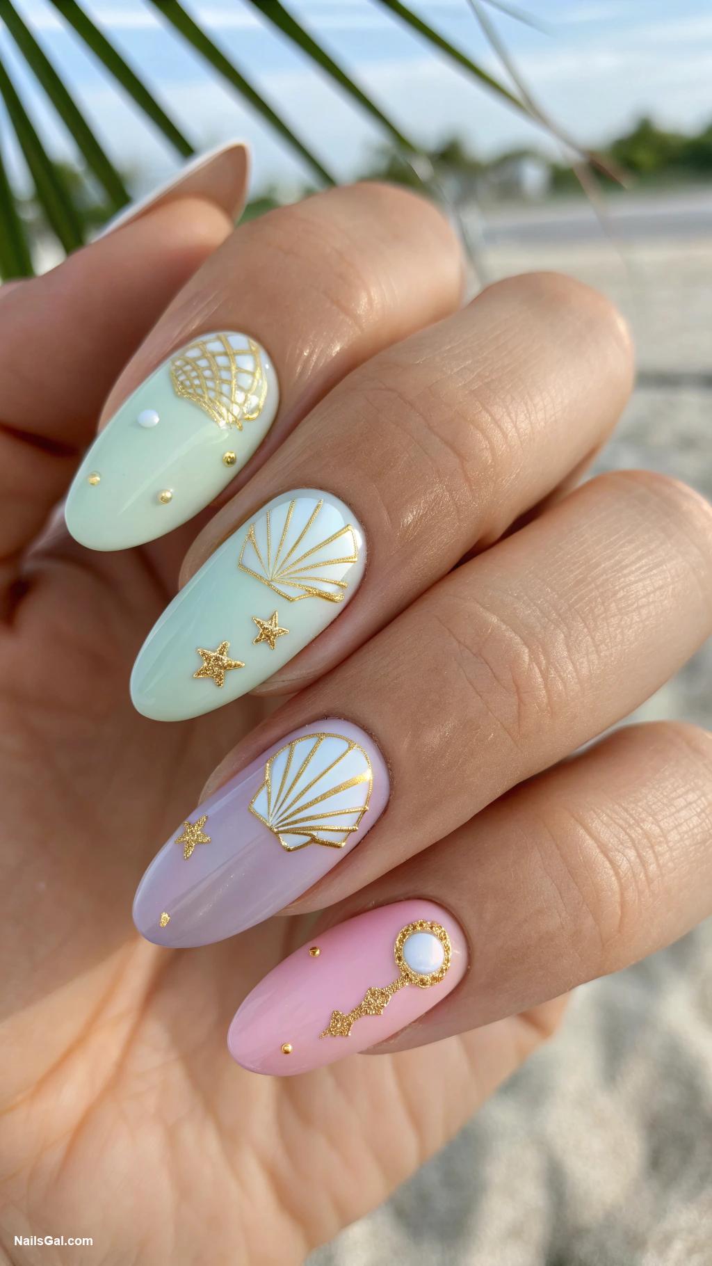 tropical nails Pastel colors with hand painted seashells