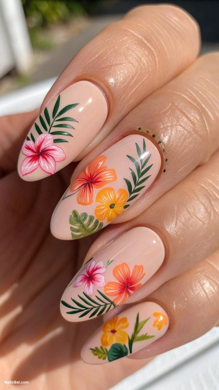 tropical nails Tropical flower decals on nude base