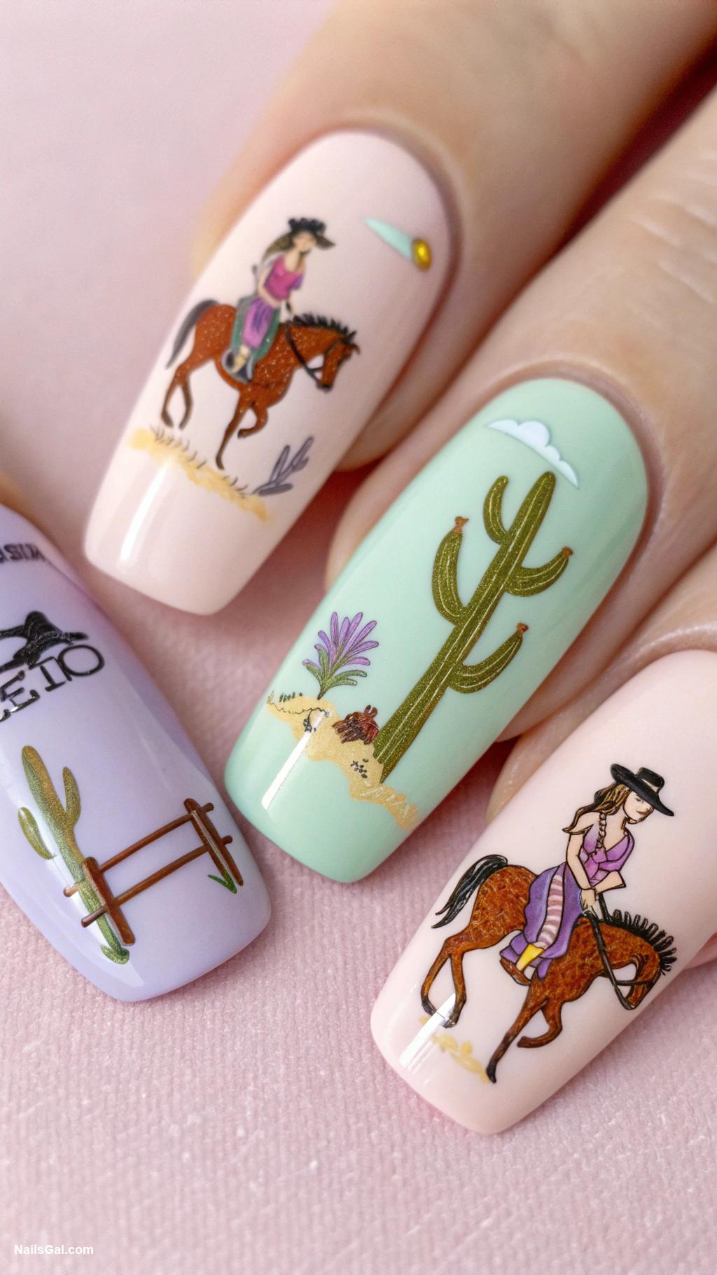 western nails Rodeo scenes on pastel backgrounds