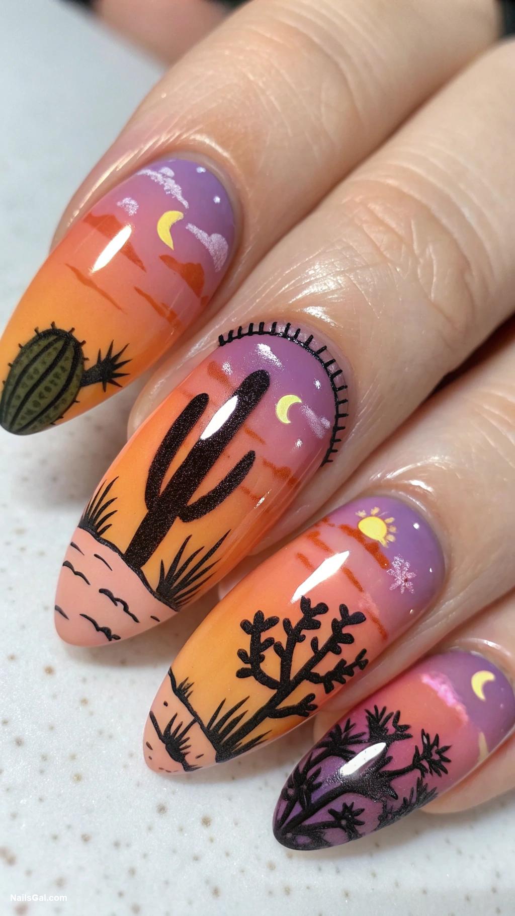 western nails Sunset desert scene with cacti design