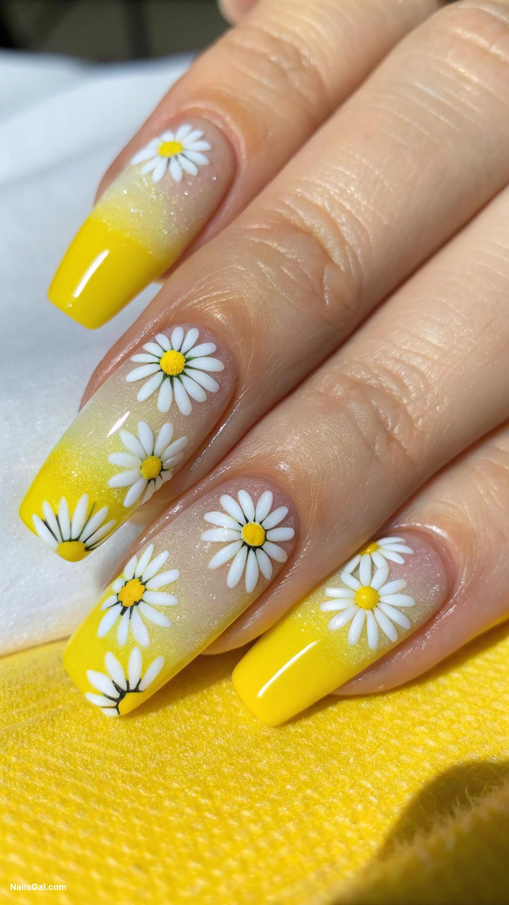 yellow ombre nails Daisy design with yellow ombre background