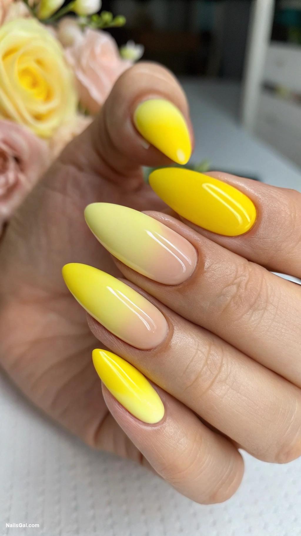 yellow ombre nails Glossy yellow ombre with matte tips