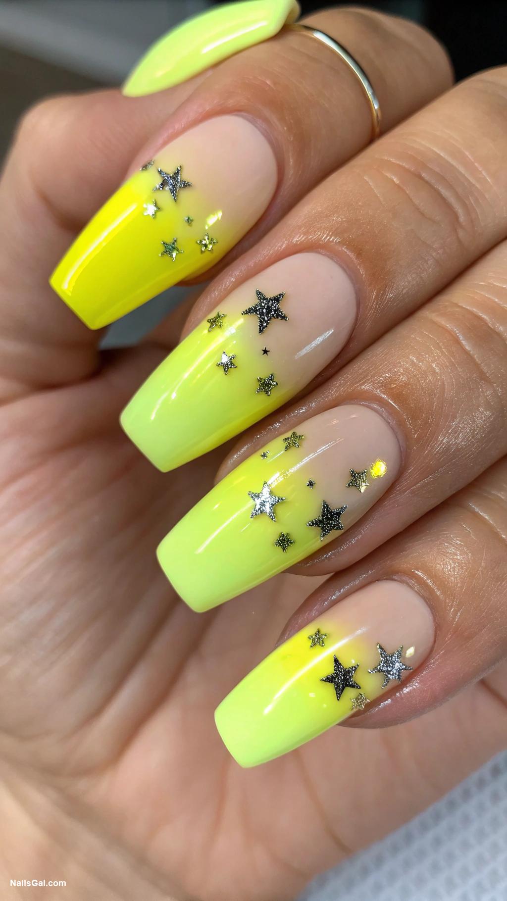yellow ombre nails Neon yellow fade with tiny star stickers