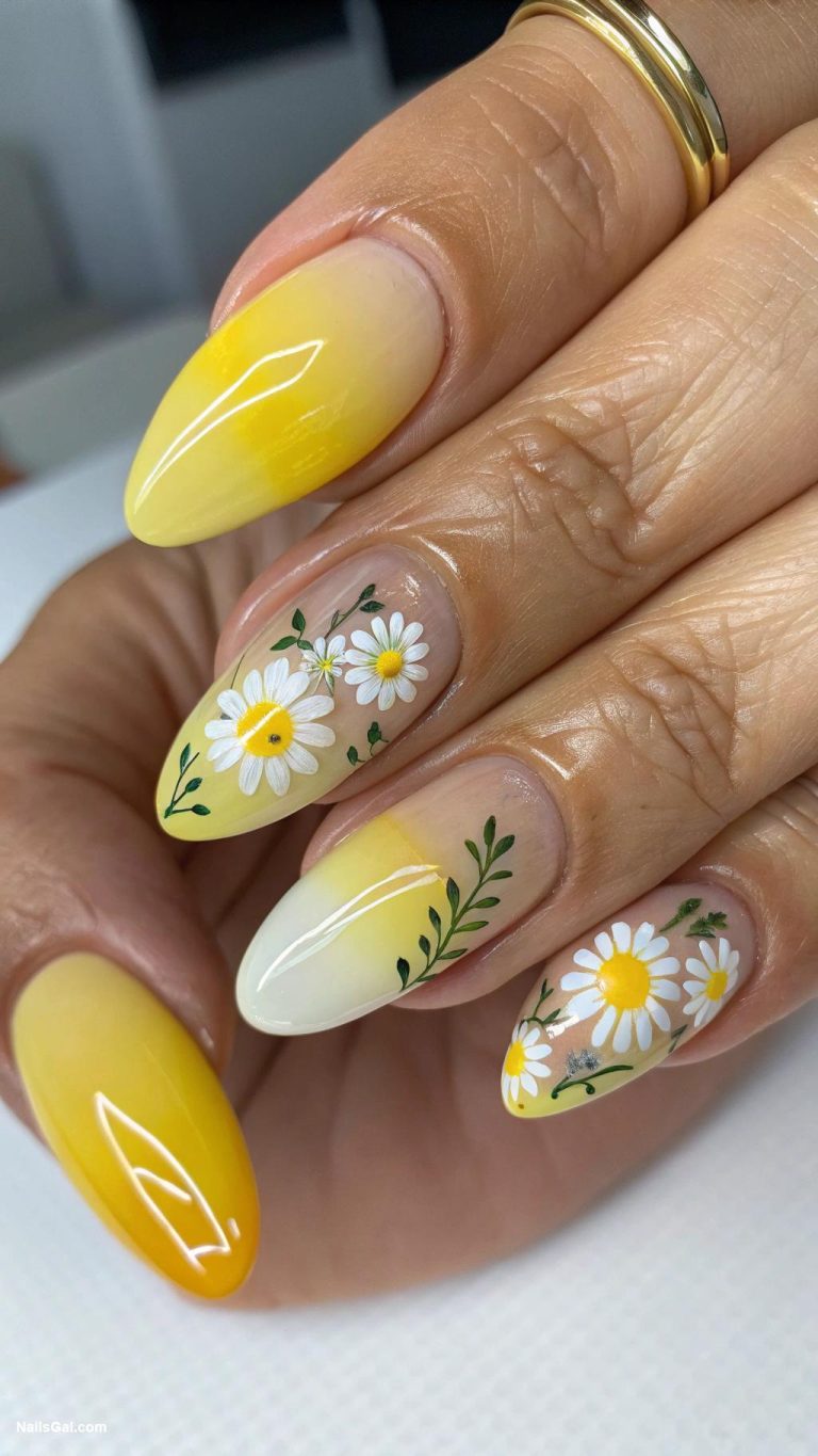 yellow ombre nails Vintage yellow ombre with floral nail art