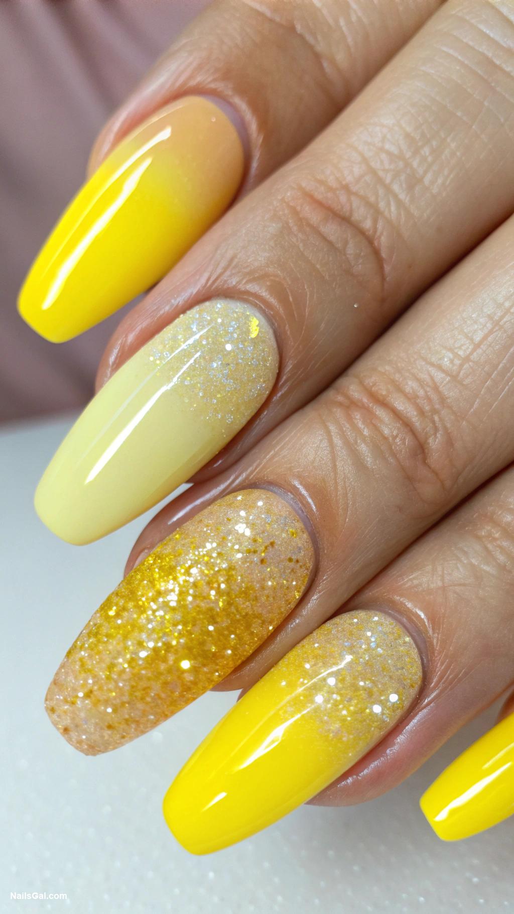 yellow ombre nails Yellow ombre with glitter top coat