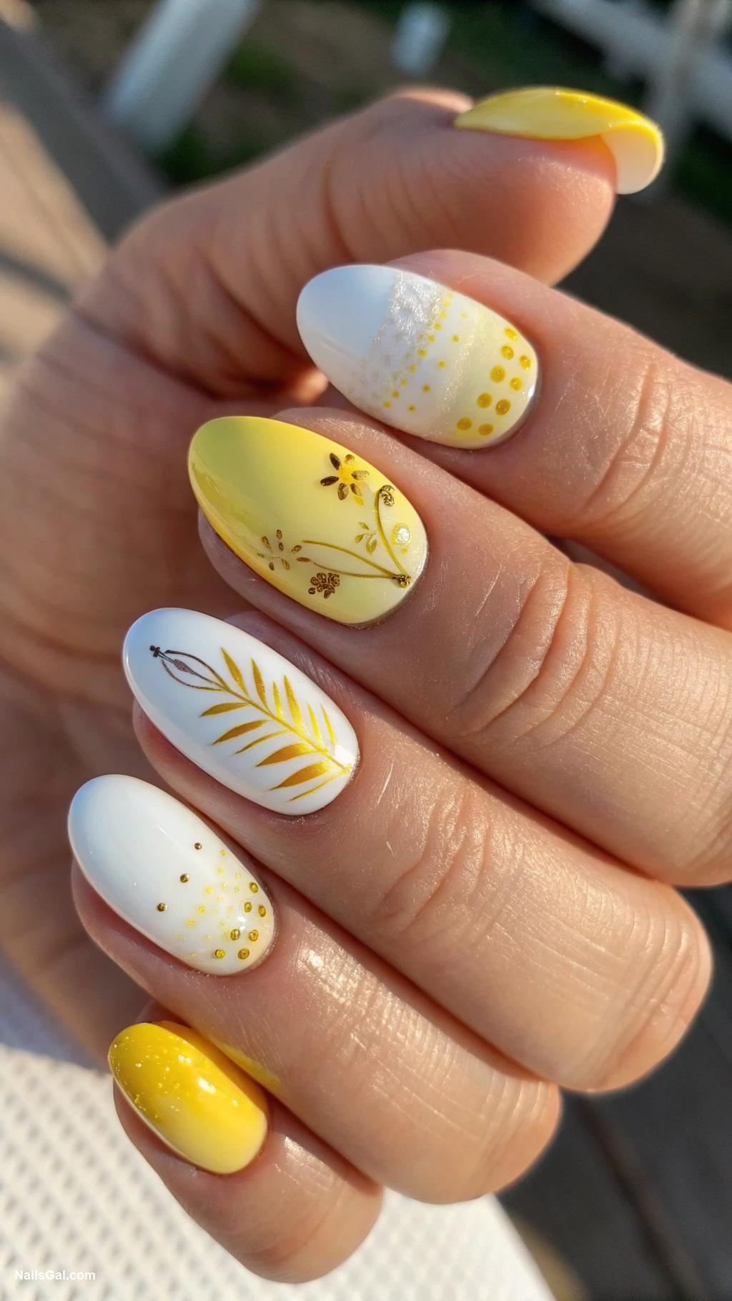 yellow ombre nails Yellow to white ombre with gold accents