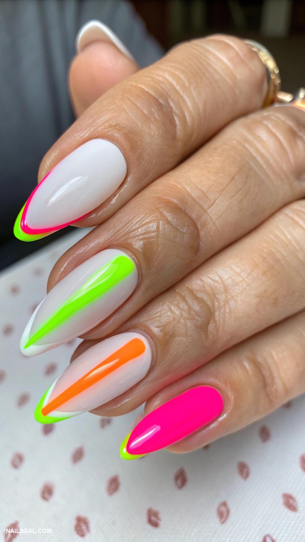 60s nail art Classic French tips with neon colors