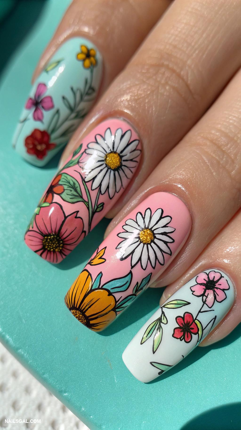 60s nail art Flower motifs on turquoise background